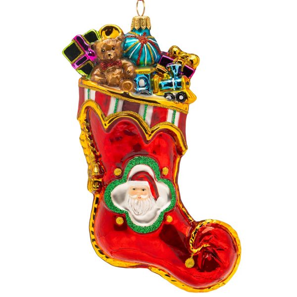 Pga B6020 Polish Glass Art Christmas Ornaments Glass Santa S Stocking Is Filled With Joy Red Gold