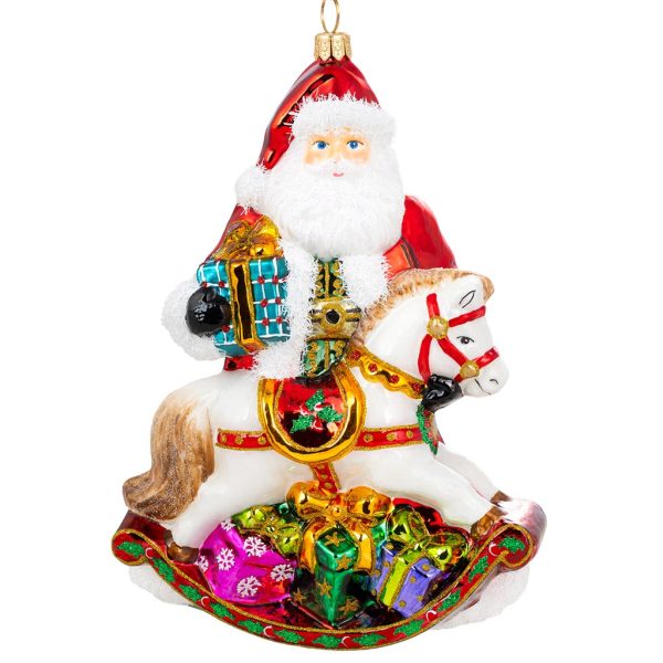 Pga B6029 Polish Glass Art Christmas Ornaments Glass Who Ll Ride Santa S Rockinghorse White Red