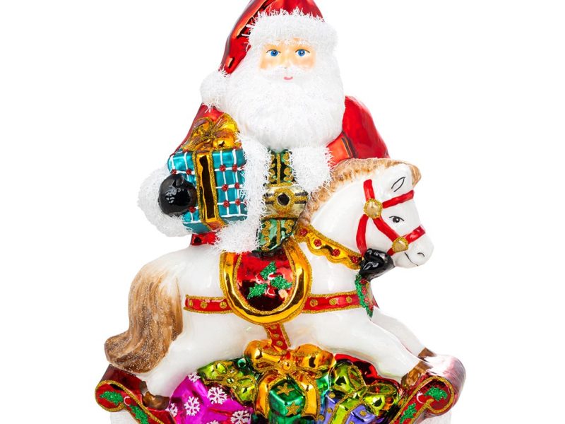 Pga B6029 Polish Glass Art Christmas Ornaments Glass Who Ll Ride Santa S Rockinghorse White Red