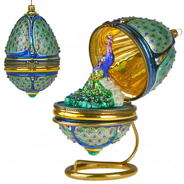 Pga B6049 Polish Glass Art Christmas Ornaments Glass Majestic Peacock Egg Gold Blue