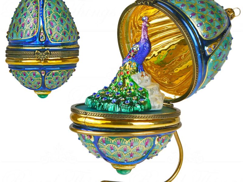 Pga B6049 Polish Glass Art Christmas Ornaments Glass Majestic Peacock Egg Gold Blue