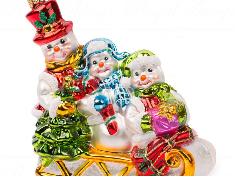 Polish Glass Art Christmas Ornament Family Snowmen Sleigh Ride Red White Gold Pga B20010