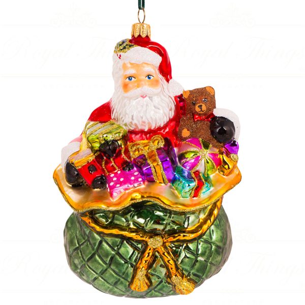 Polish Glass Art Christmas Ornament Got Surprised By Santa Hidding In The Bag Green Red Multi Pga B3027