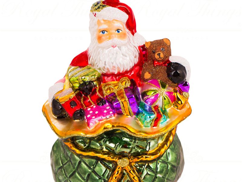 Polish Glass Art Christmas Ornament Got Surprised By Santa Hidding In The Bag Green Red Multi Pga B3027