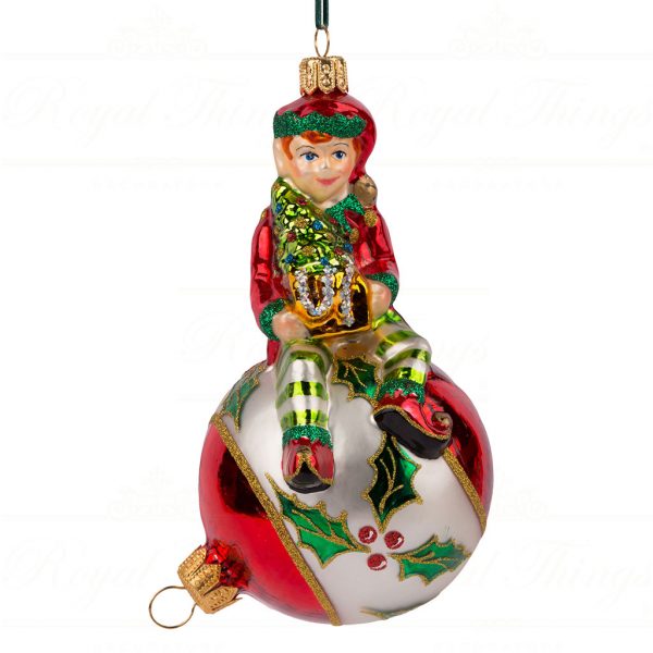 Polish Glass Art Christmas Ornament Holly Jolly Christmas Elf Red Green White Gold Pga B20030