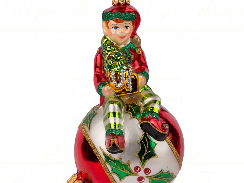 Polish Glass Art Christmas Ornament Holly Jolly Christmas Elf Red Green White Gold Pga B20030