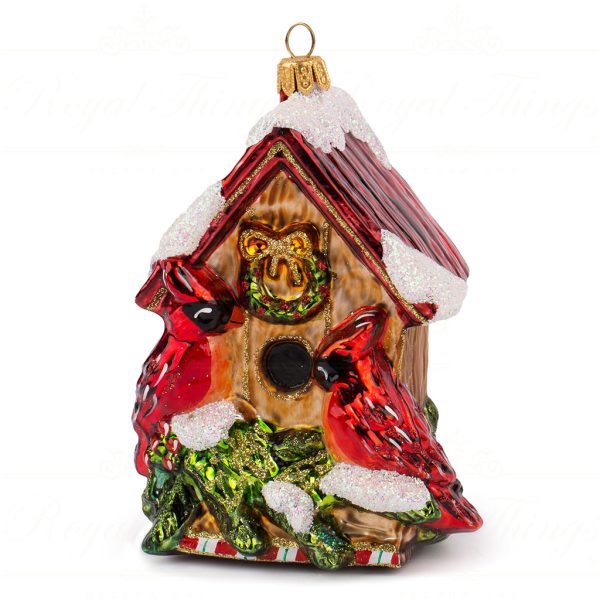 Polish Glass Art Christmas Ornament Holly Perch Birdhouse Red Brown Green Pga B3042