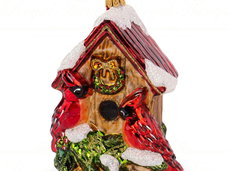 Polish Glass Art Christmas Ornament Holly Perch Birdhouse Red Brown Green Pga B3042