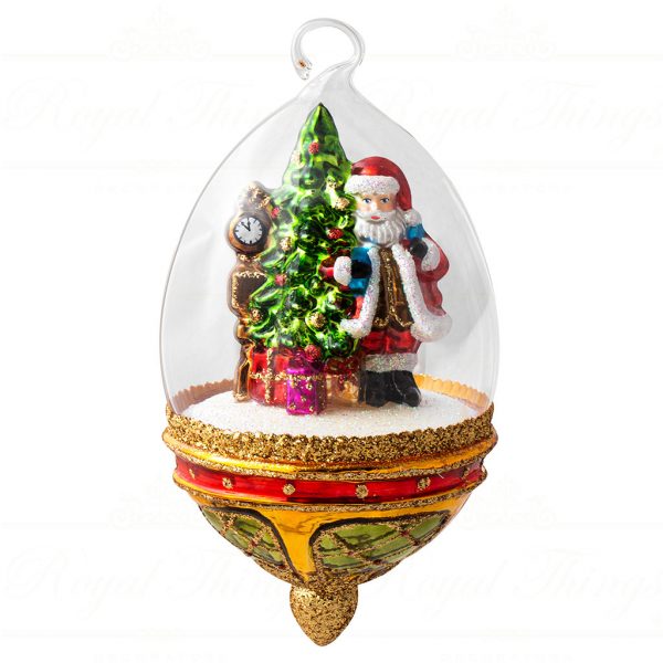 Polish Glass Art Christmas Ornament Its Almost Time Santa Dome Red Green White Gold Pga B20039