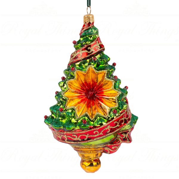 Polish Glass Art Christmas Ornament Merry And Bright Reflector Tree Green Gold Red Pga B2006