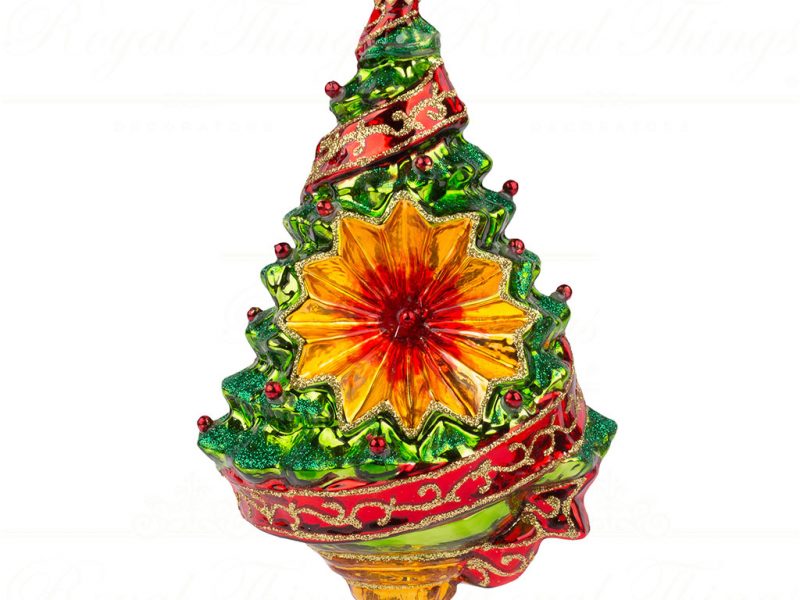 Polish Glass Art Christmas Ornament Merry And Bright Reflector Tree Green Gold Red Pga B2006