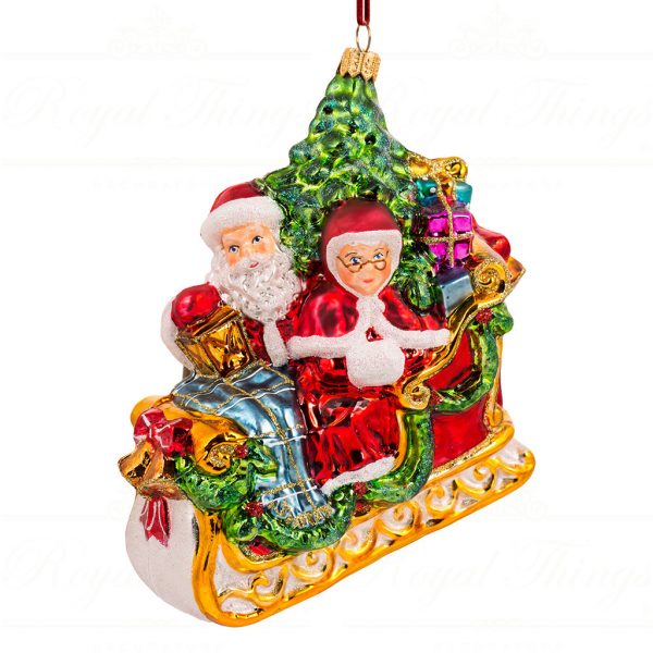 Polish Glass Art Christmas Ornament Mr And Mrs Claus Sleigh Expedition Green Red White Gold Pga B2008