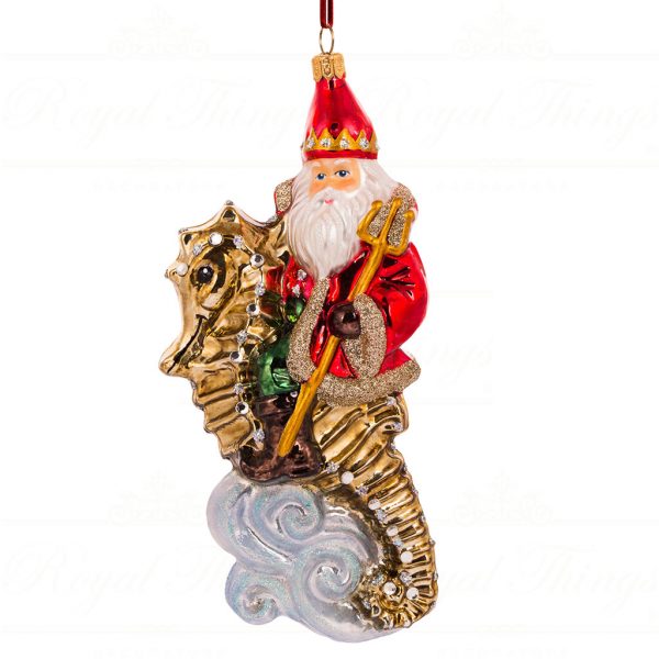 Polish Glass Art Christmas Ornament Neptunus Santa Riding Seahorse Red White Gold Pga B20016