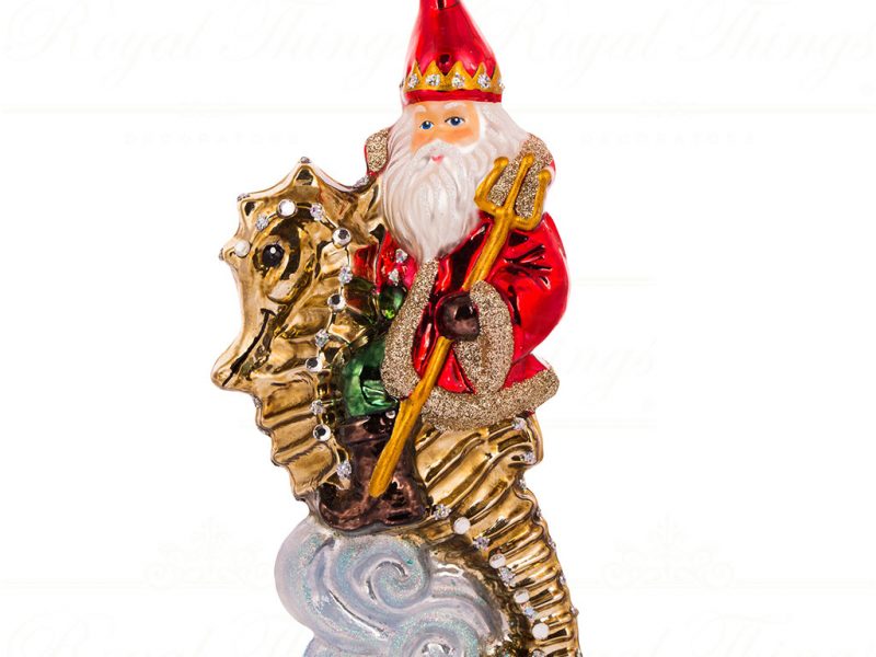 Polish Glass Art Christmas Ornament Neptunus Santa Riding Seahorse Red White Gold Pga B20016