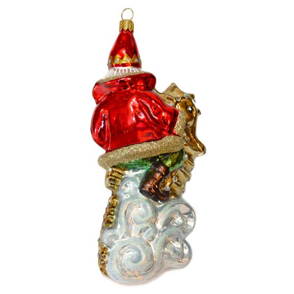 Polish Glass Art Christmas Ornament Neptunus Santa Riding Seahorse Red White Gold Pga B20016 Back
