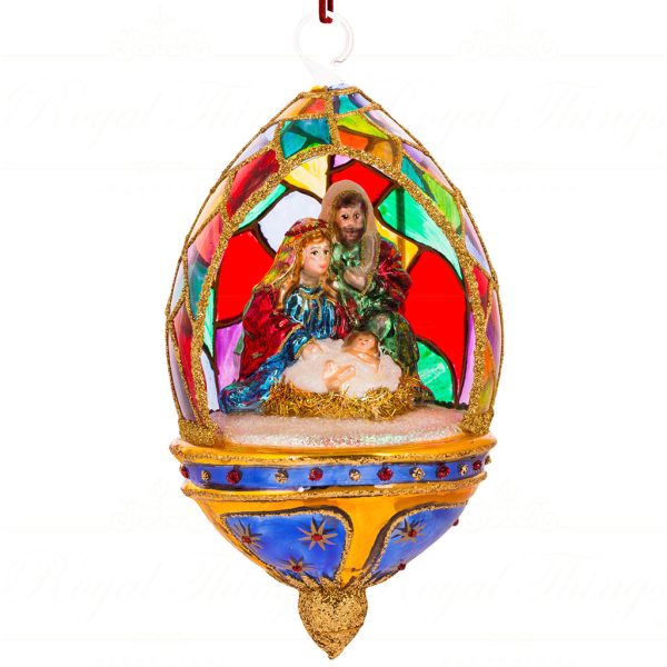 Polish Glass Art Christmas Ornament Oh Holy Night Family Gold Blue Multicolor Pga B4013