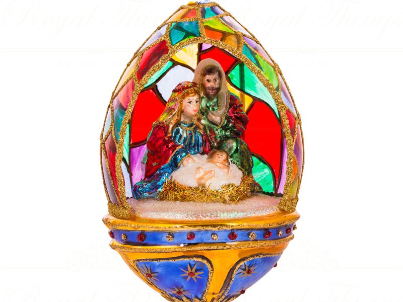 Polish Glass Art Christmas Ornament Oh Holy Night Family Gold Blue Multicolor Pga B4013