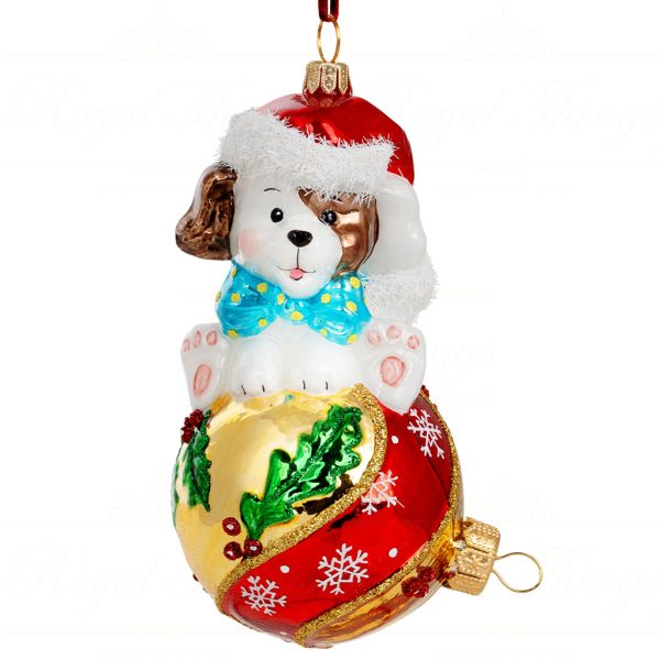 Polish Glass Art Christmas Ornament Puppy Love Christmas Ball Gold White Brown Pga B4026