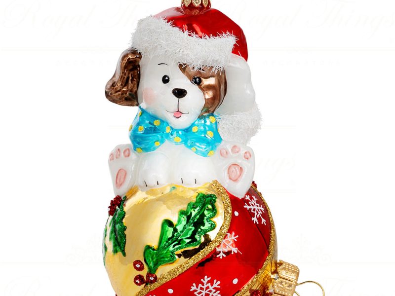 Polish Glass Art Christmas Ornament Puppy Love Christmas Ball Gold White Brown Pga B4026