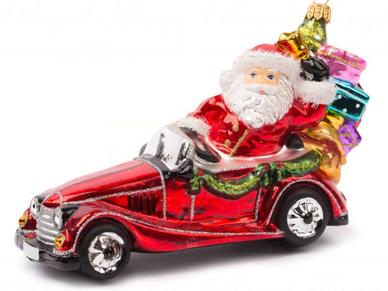 Polish Glass Art Christmas Ornament Racing Through Xmas Santa Red White Silver Pga B4007