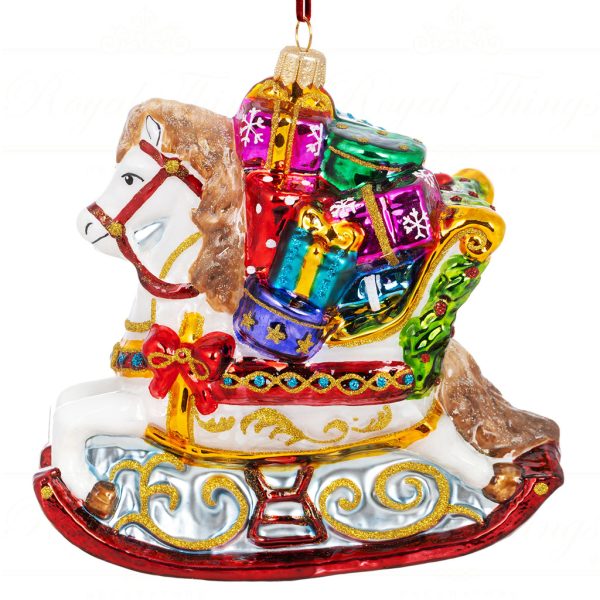 Polish Glass Art Christmas Ornament Santa Brought A Rocking Horse Filled With Gifts White Red Multicolor Pga B4006