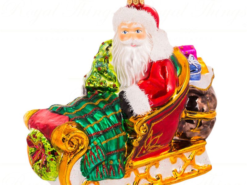 Polish Glass Art Christmas Ornament Santa Cozy Sleigh Ride Red Green Gold Pga B3032