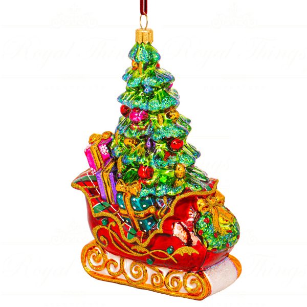 Polish Glass Art Christmas Ornament Santa Glorious Magic Sleigh Red Green Gold Pga B3049