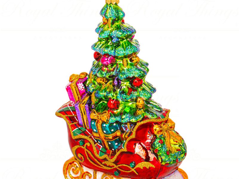 Polish Glass Art Christmas Ornament Santa Glorious Magic Sleigh Red Green Gold Pga B3049