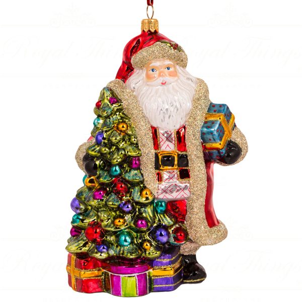 Polish Glass Art Christmas Ornament Santa Is Setting Up The Christmas Tree Red Gold Green Pga B4014