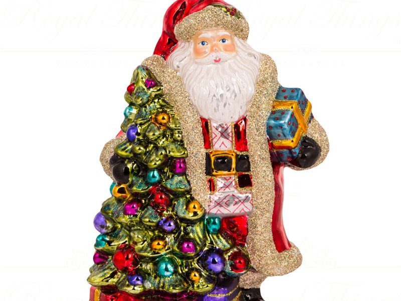 Polish Glass Art Christmas Ornament Santa Is Setting Up The Christmas Tree Red Gold Green Pga B4014