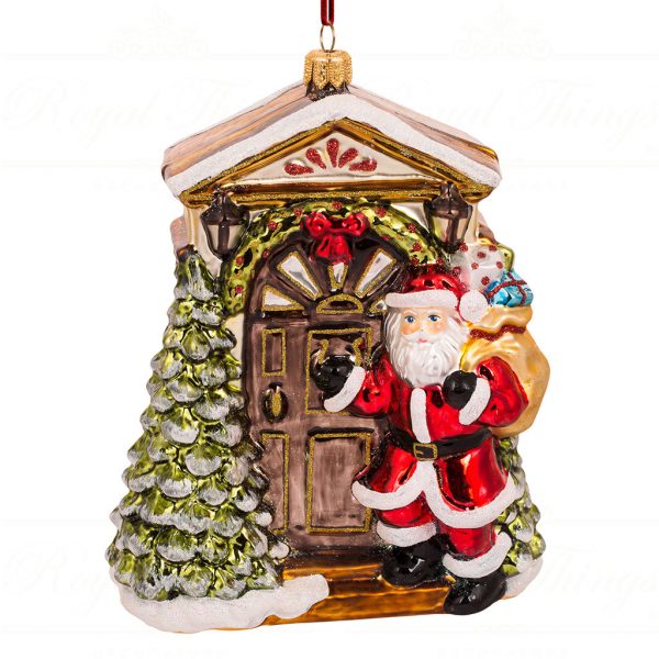 Polish Glass Art Christmas Ornament Santa Knocking At The Door Brown Red White Gold Pga B2007