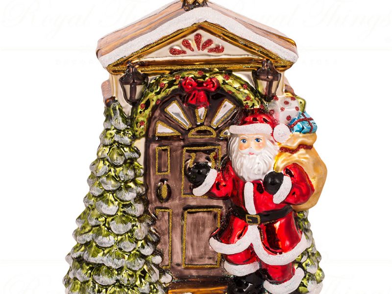 Polish Glass Art Christmas Ornament Santa Knocking At The Door Brown Red White Gold Pga B2007