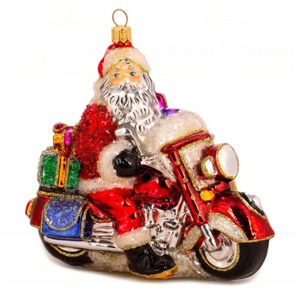 Polish Glass Art Christmas Ornament Santa Wild Ride On Motorcycle Red Gold Multi Pga B3009