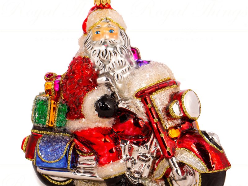 Polish Glass Art Christmas Ornament Santa Wild Ride On Motorcycle Red Gold Multi Pga B3009
