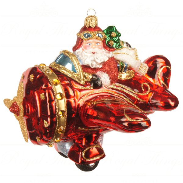 Polish Glass Art Christmas Ornaments Santa Flies By In Plane Red Gold White Pga B3002
