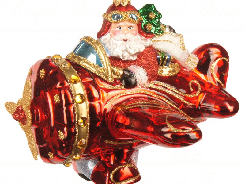 Polish Glass Art Christmas Ornaments Santa Flies By In Plane Red Gold White Pga B3002