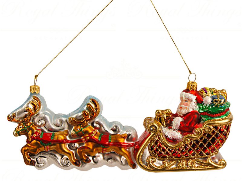 Polish Glass Art Christmas Ornaments Santa Wonderful Sleighride Red Gold Brown Pga B3003