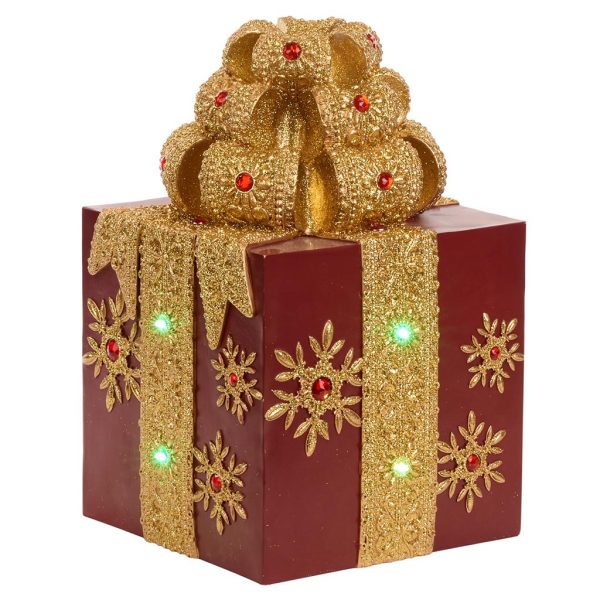S 30721 Christmas Decorative Items Led Jewel Display Gift Box Tabletop Burgundy Gold