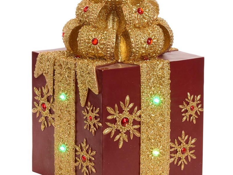 S 30721 Christmas Decorative Items Led Jewel Display Gift Box Tabletop Burgundy Gold