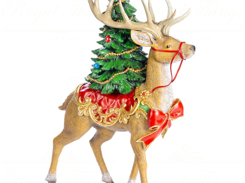 S 30757 Goodwill Christmas Decorative Items Xmas Deer With Tree Tabletop Brown Green Red