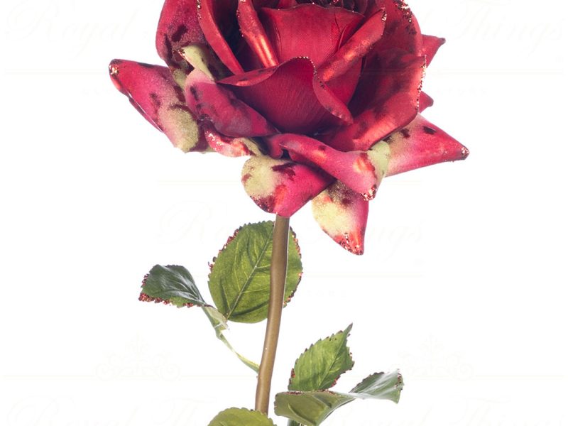 Sp 20521 Goodwill Christmas Decorative Items Metallic Rose Flower On Stem Red Burgundy Green
