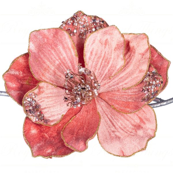 Sp 20801 Goodwill Christmas Flowers Glitter Magnolia Flower On Clip Pink Gold