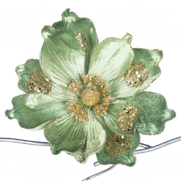 Sp 20815 Goodwill Christmas Decorative Items Fabric Magnolia Flower On Clip Green Gold