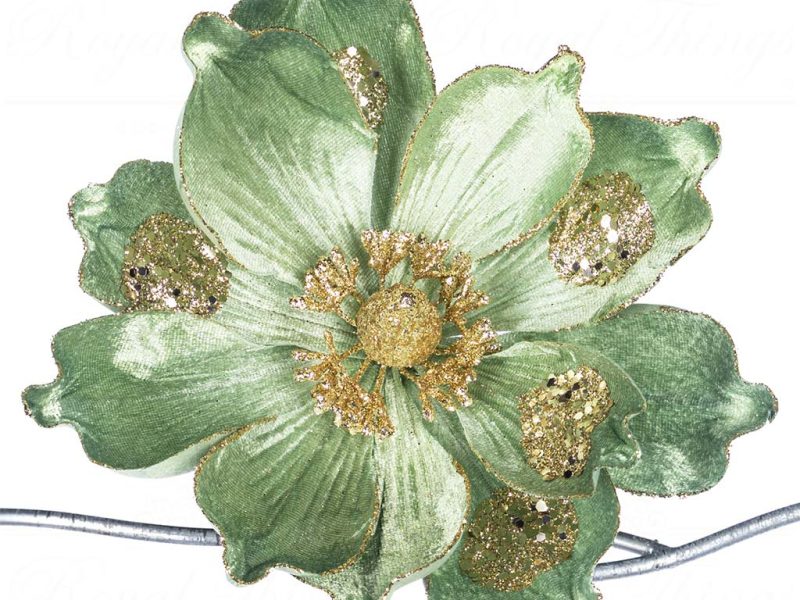 Sp 20815 Goodwill Christmas Decorative Items Fabric Magnolia Flower On Clip Green Gold