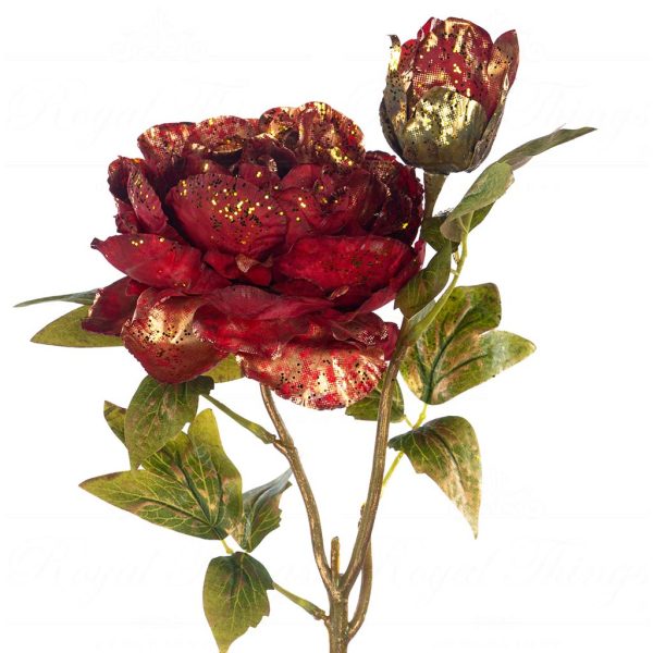 Sp 20855 Goodwill Christmas Decorative Items Metallic Peony Flower Stem Red Burgundy Gold