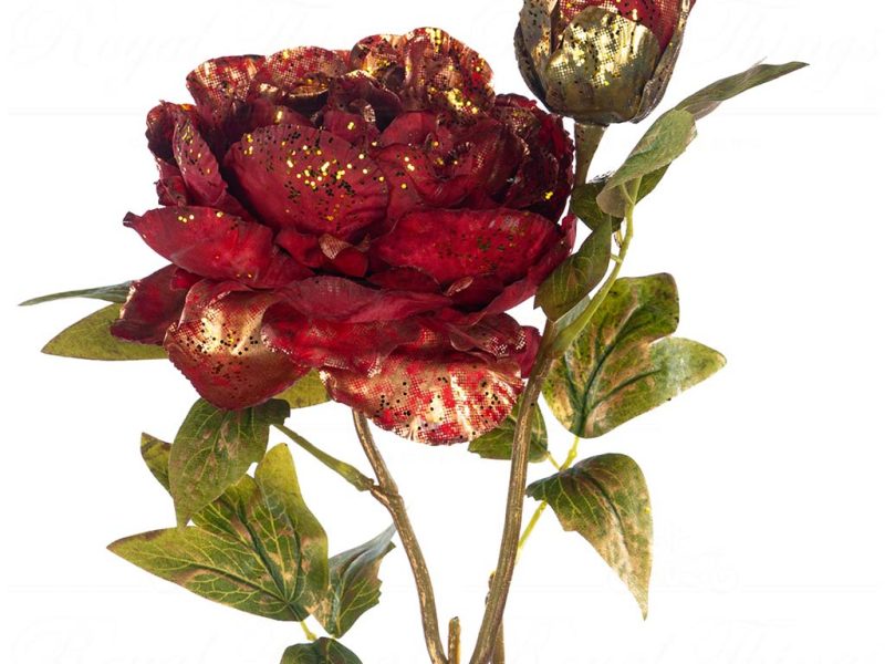 Sp 20855 Goodwill Christmas Decorative Items Metallic Peony Flower Stem Red Burgundy Gold