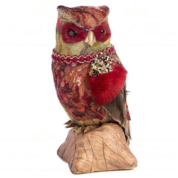 T 79047 Goodwill Tabletop Brocade Furry Owl On Rock Tabletop Burgundy Red Brown