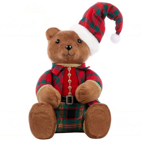 T 81004 Goodwill Christmas Decorative Items Fabric Tartan Xmas Sitting Boy Bear Tabletop Red Green Brown