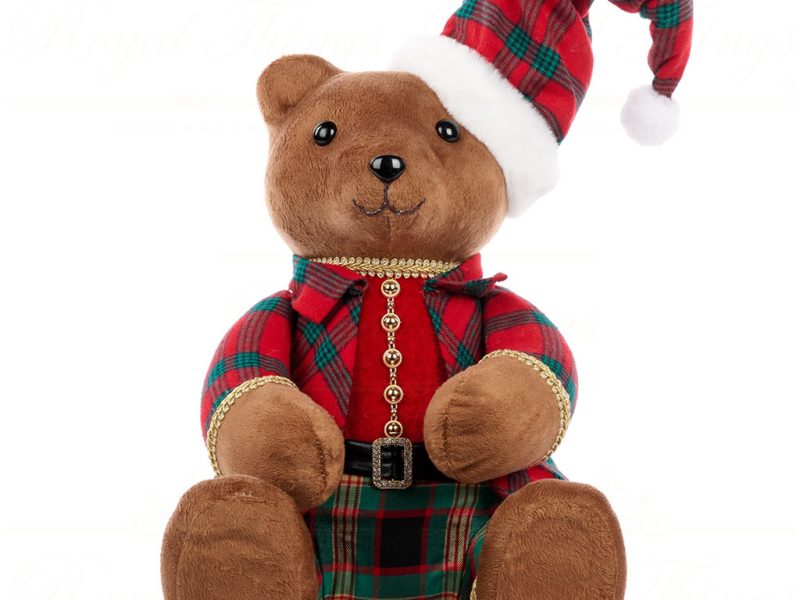 T 81004 Goodwill Christmas Decorative Items Fabric Tartan Xmas Sitting Boy Bear Tabletop Red Green Brown