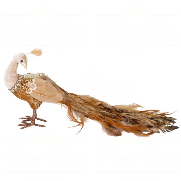 T 82015 Goodwill Christmas Decorative Items Fabric Brocade Plume Peacock Tabletop Gold Cream